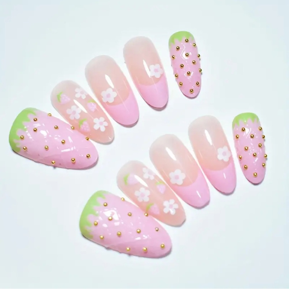 New Pink & Green Strawberry 3D Press On Nails 10 pc Medium Reusable French Tip - Picture 5 of 8